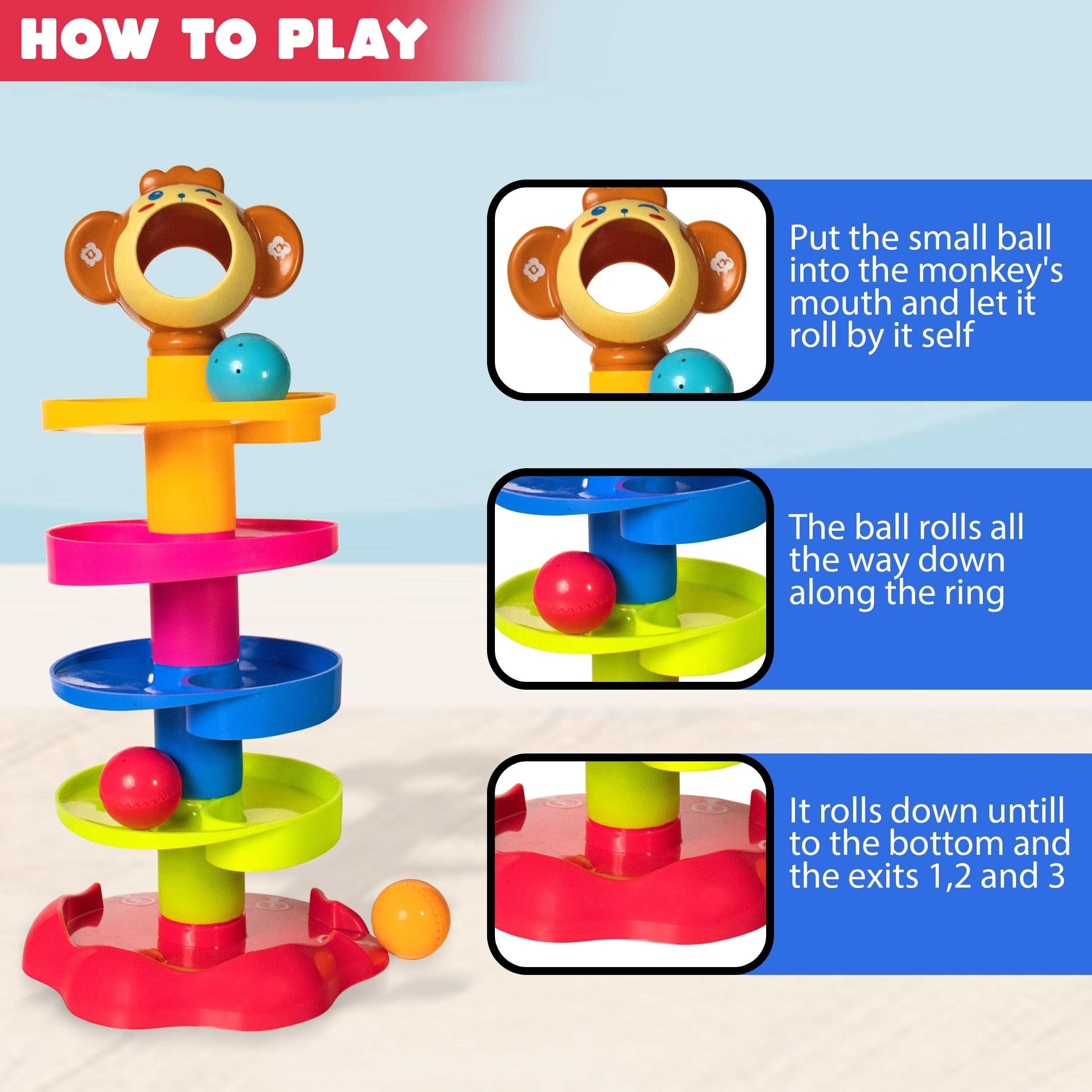 ILEARNNGROW Monkey Ball Drop Toy for Babies and Toddlers | New 5 Layer Tower Run with Swirling Ramps and 3 Puzzle Rattle Balls