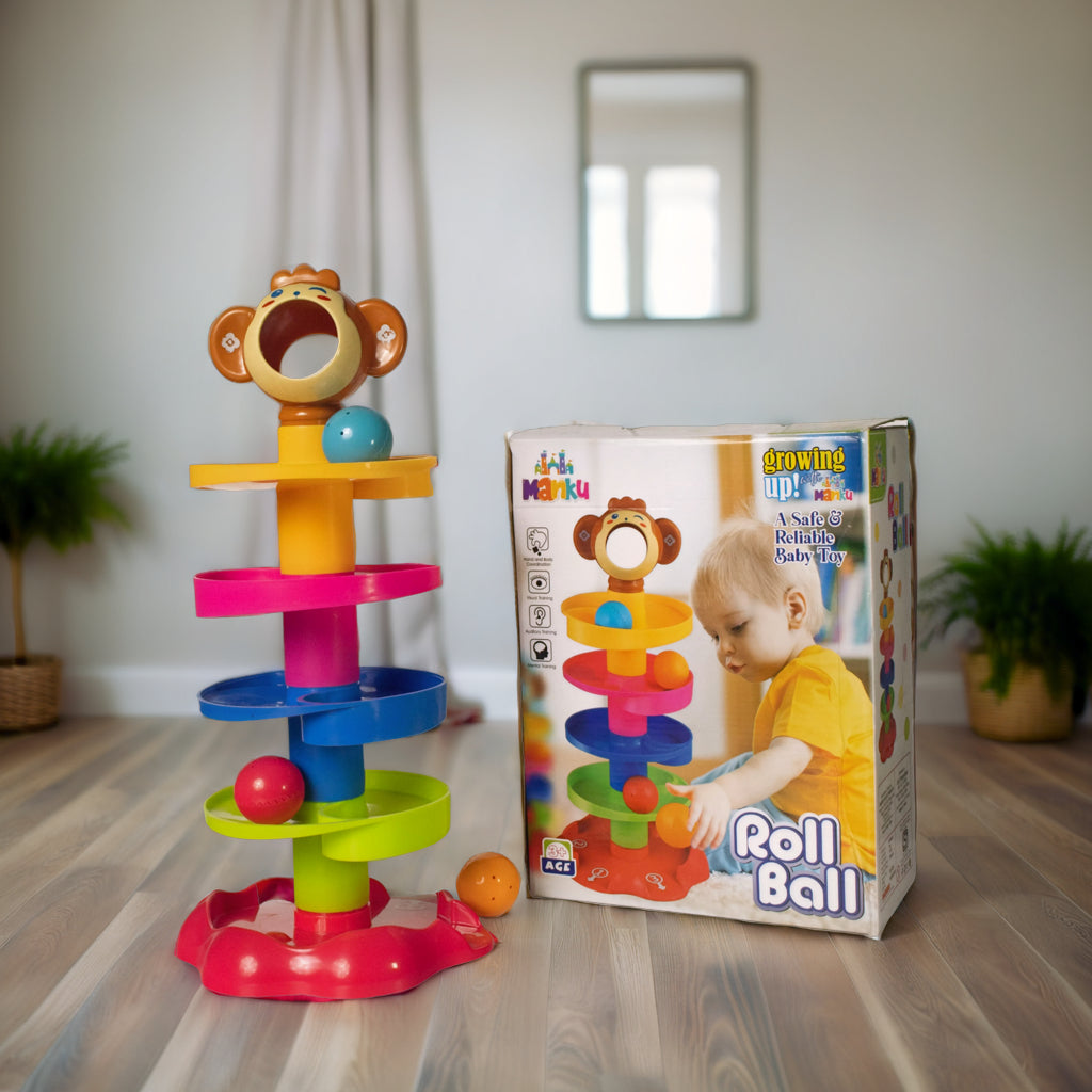 ILEARNNGROW Monkey Ball Drop Toy for Babies and Toddlers | New 5 Layer Tower Run with Swirling Ramps and 3 Puzzle Rattle Balls